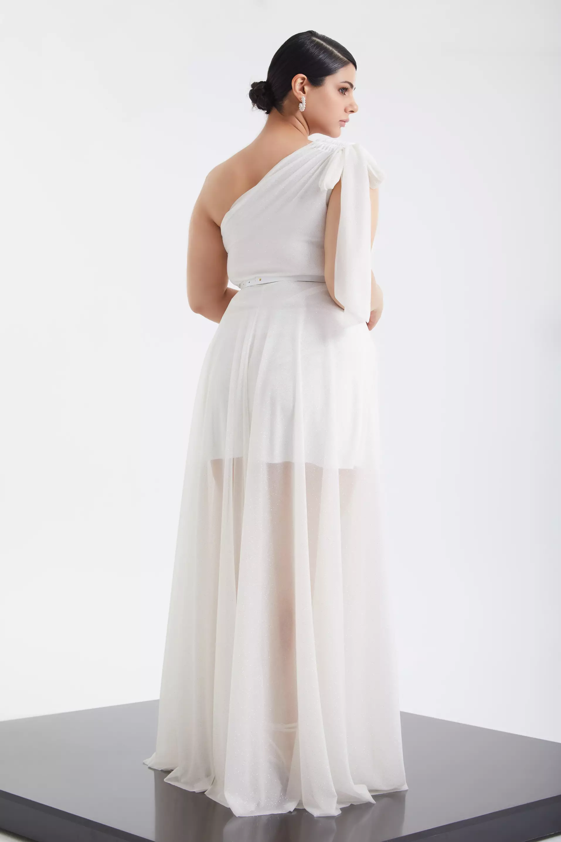 White plus size tulle one arm maxi dress