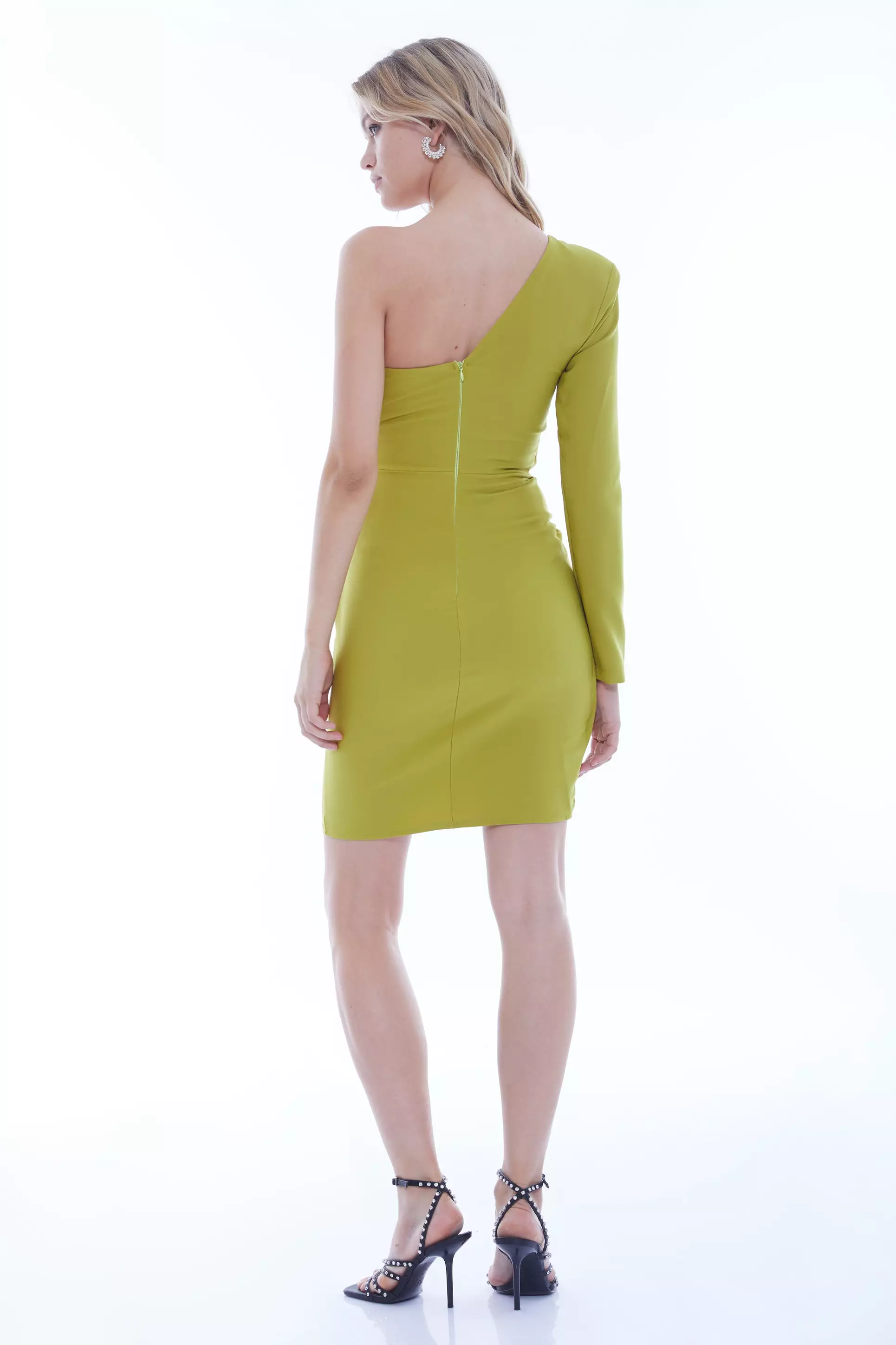 Peanut Green Crepe One Arm Mini Dress