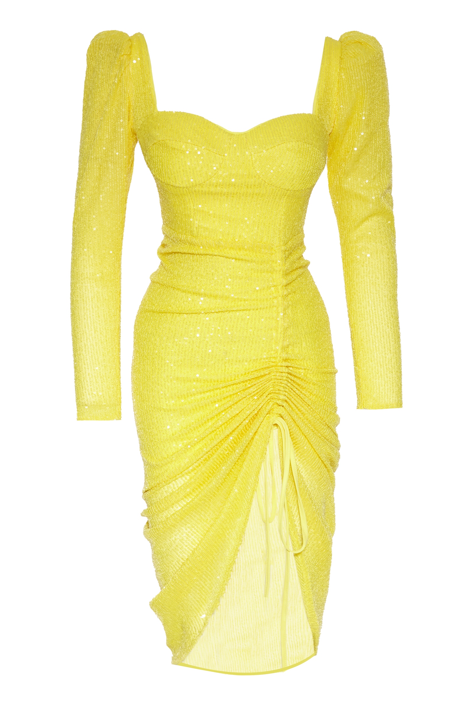Yellow Sequined Long Sleeve Maxi Dress
