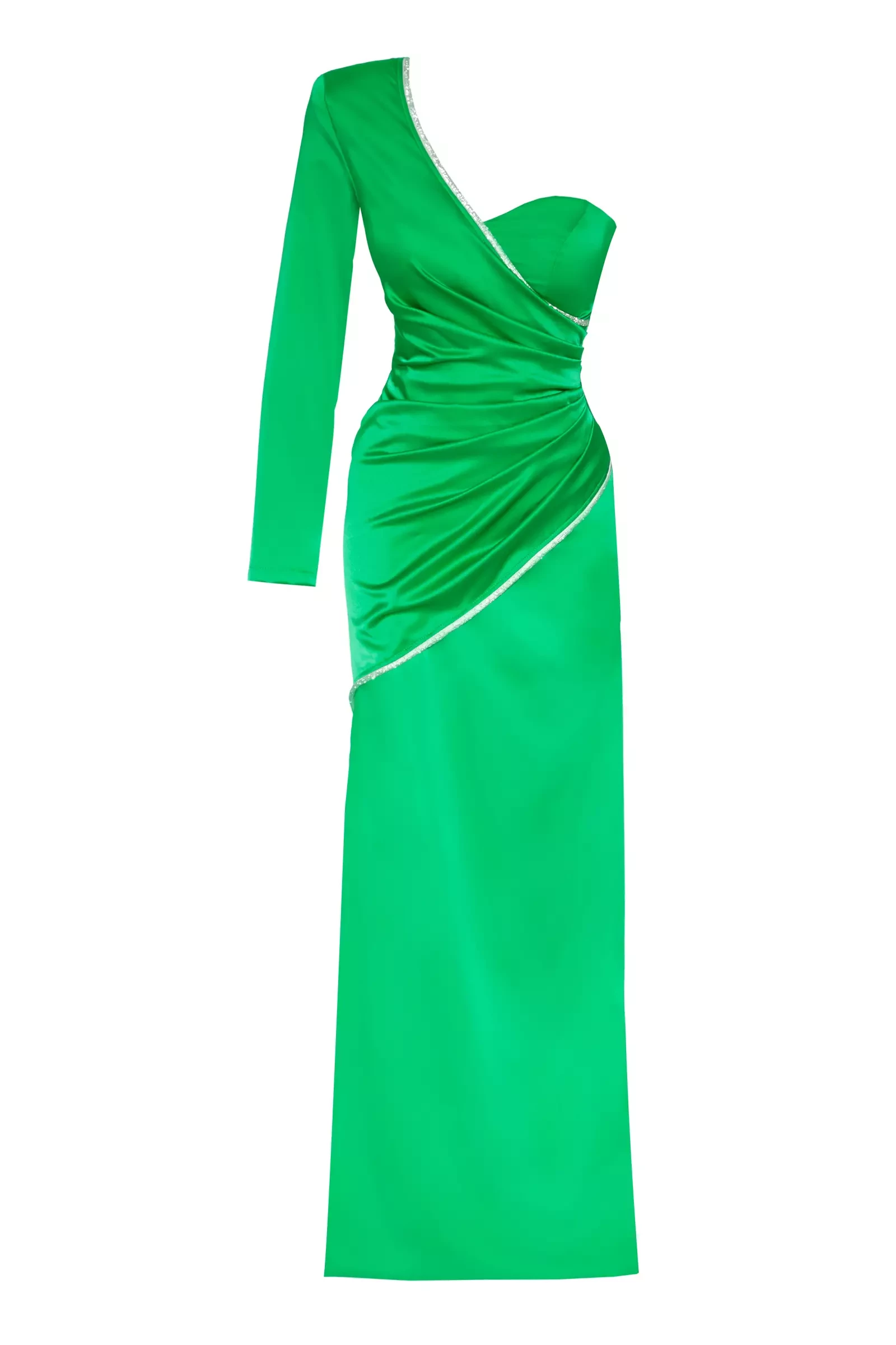 Green plus size satin one arm long dress