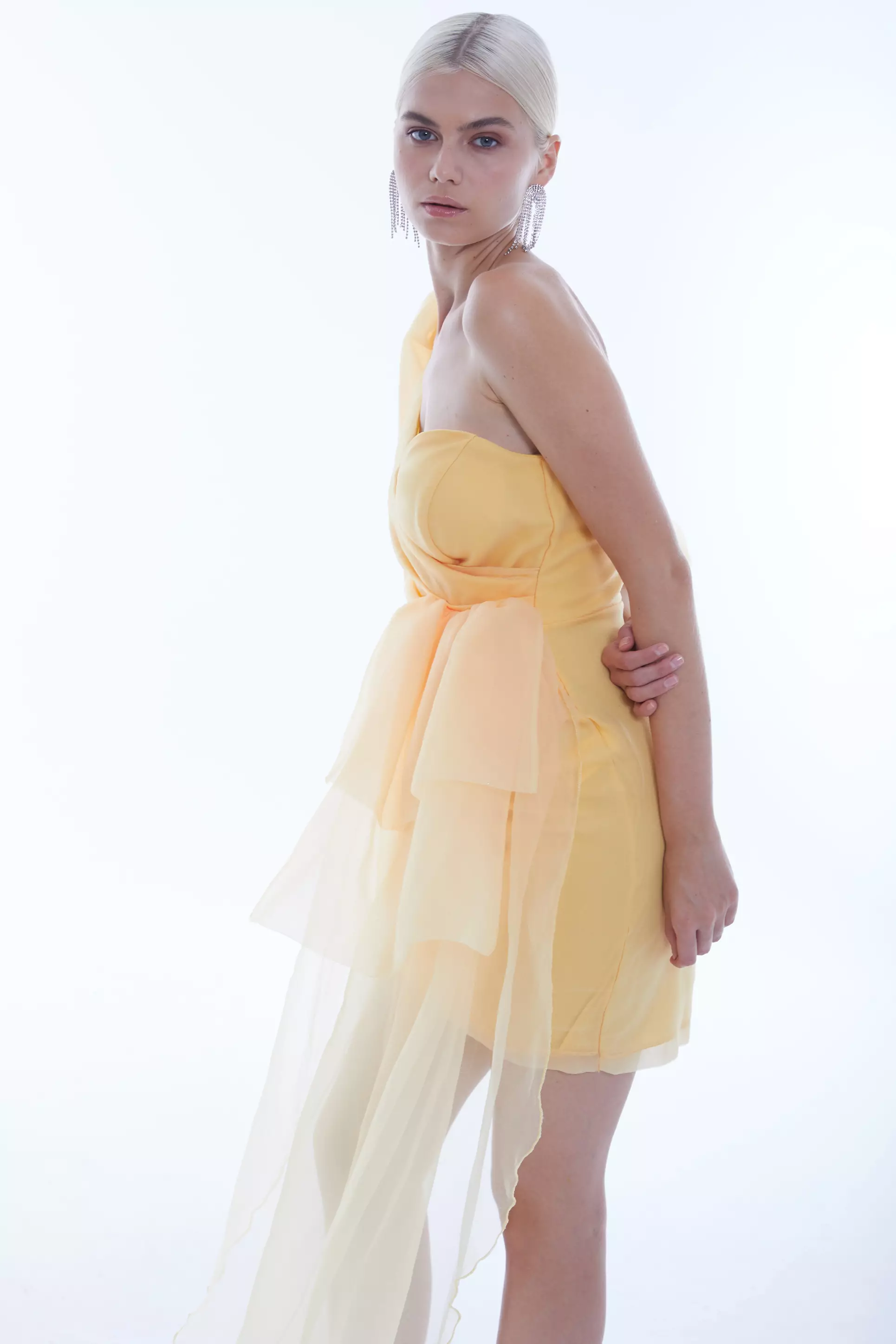 Yellow Tulle One Arm Mini Dress