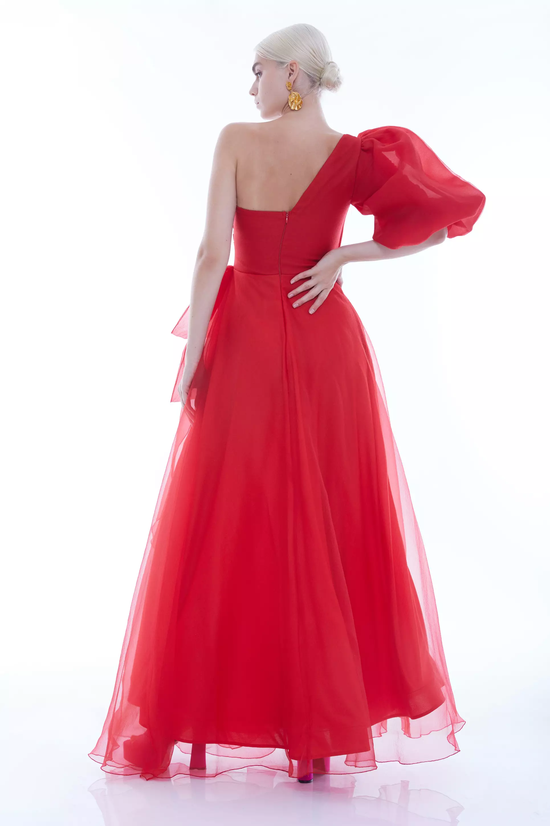 Red tulle one arm maxi dress