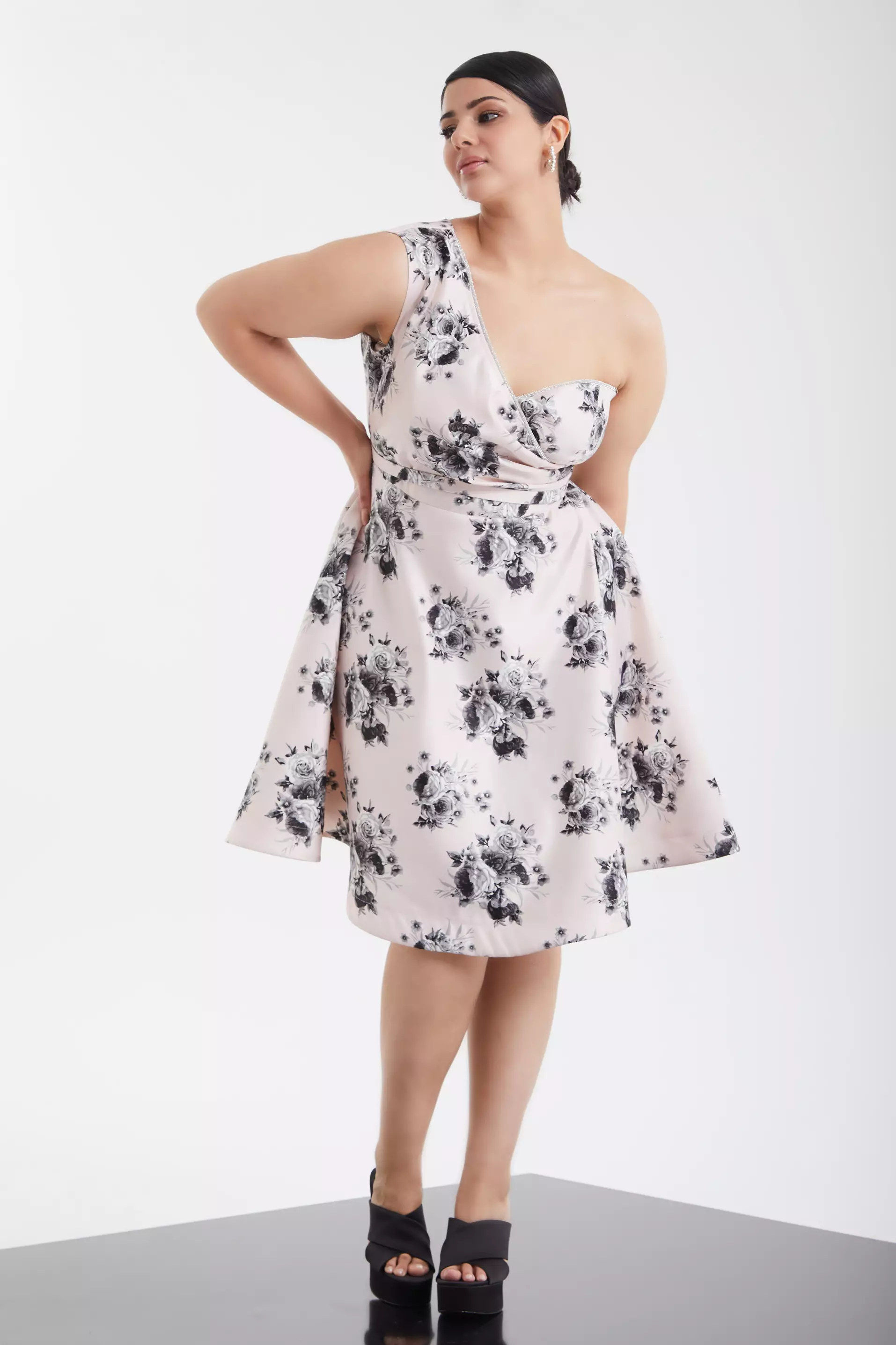 B&W Plus Size Satin One Arm Mini Dress