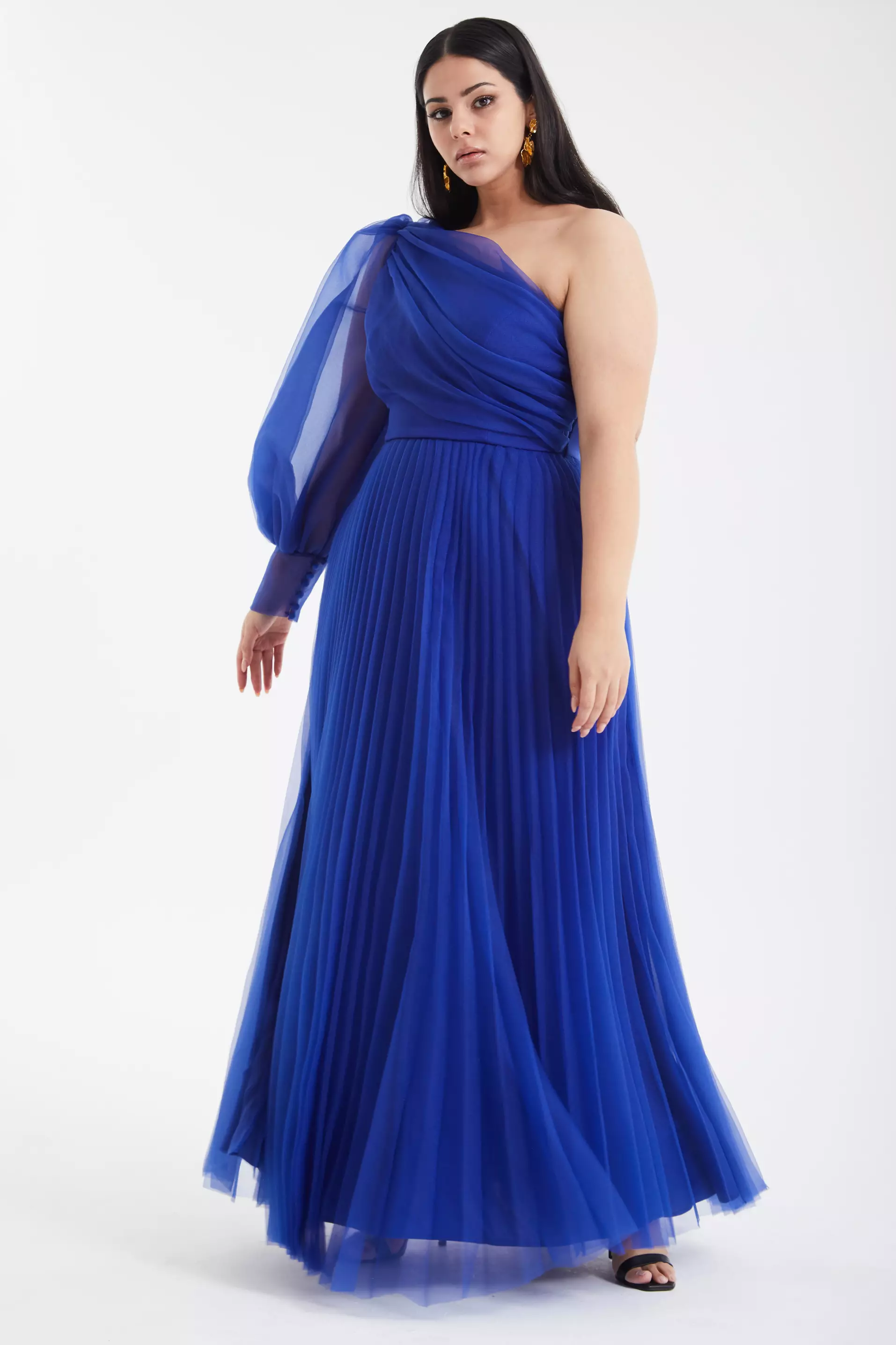 Blue plus size tulle one arm long dress
