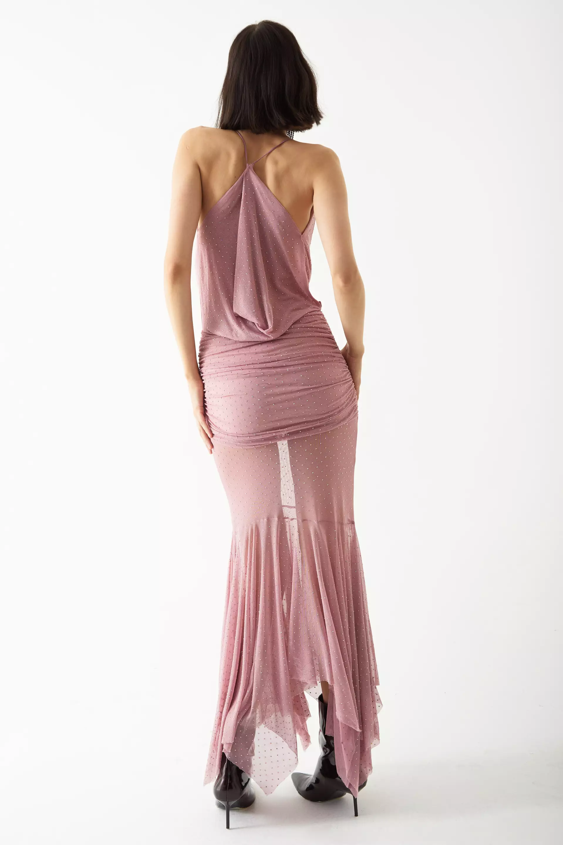 Dried rose tulle sleeveless maxi dress