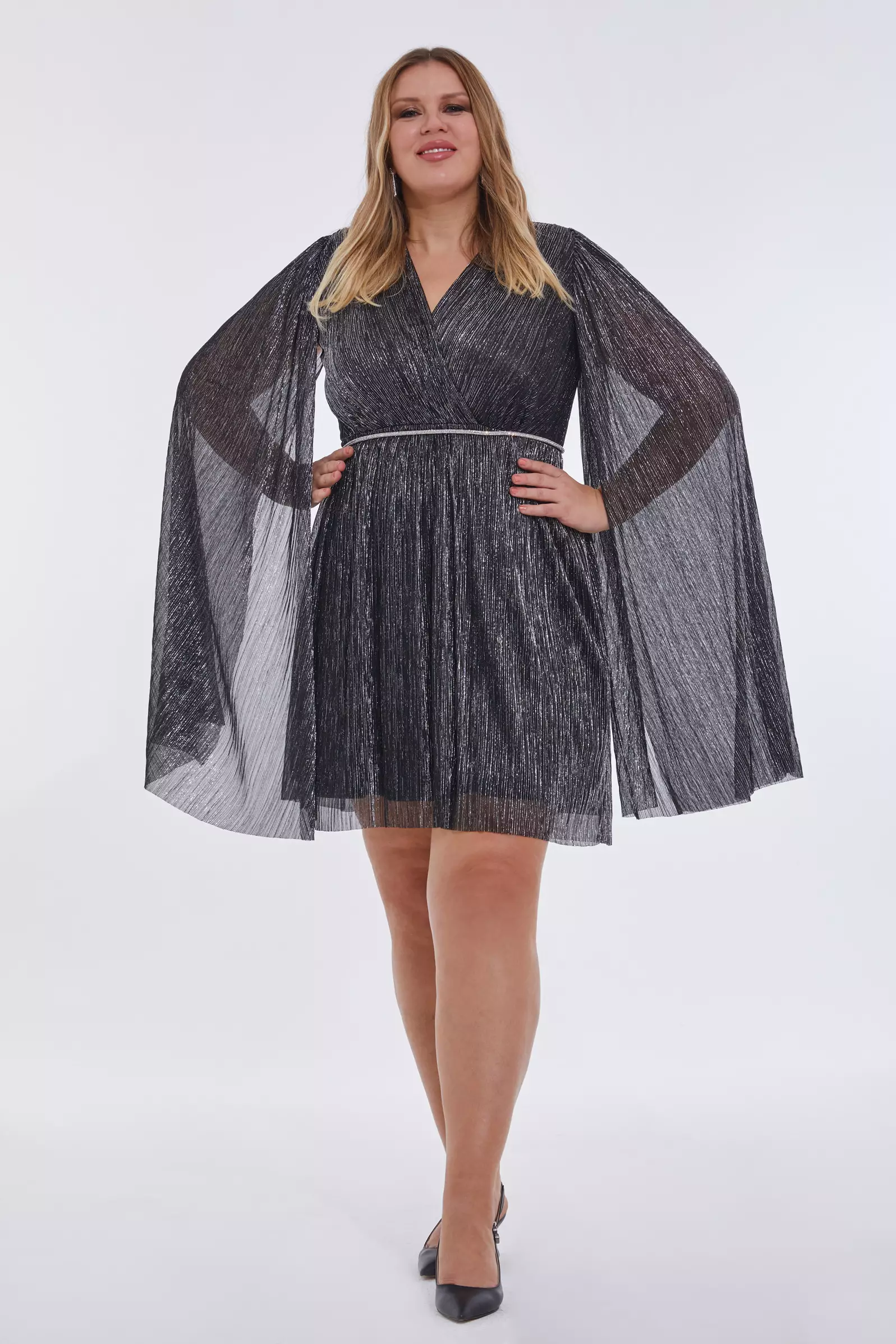 Siyah gümüş plus size moonlight long sleeve mini dress