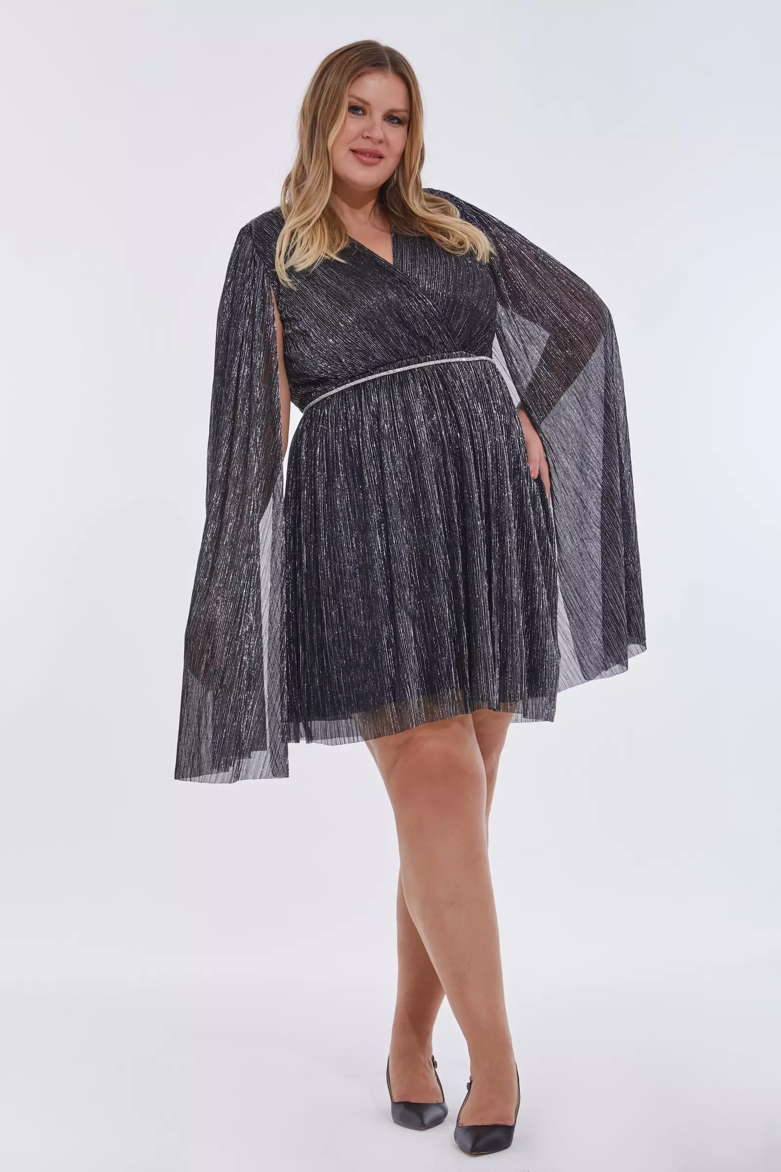 Siyah gümüş plus size moonlight long sleeve mini dress