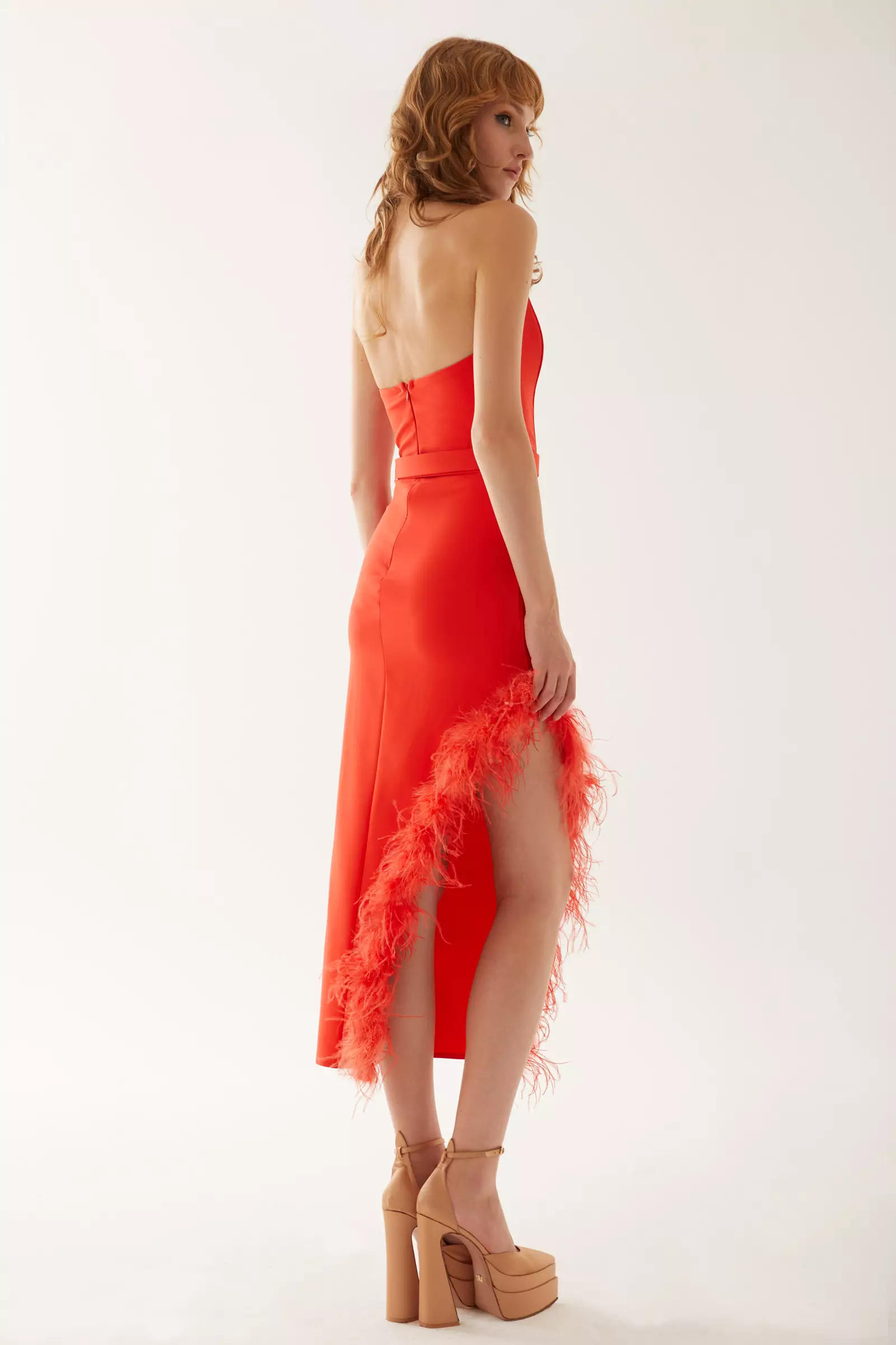 Coral crepe strapless long dress